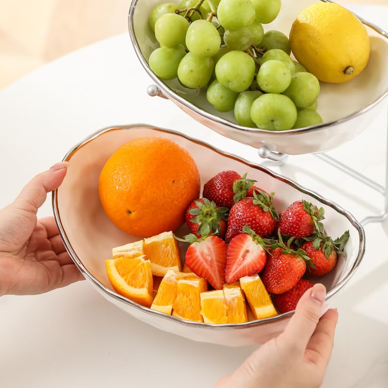 White Fruit Bowl with Gold Metal Stand, 3 Tier Modern Ceramic Fruit Bowl Fruit Rack for Kitchen Counter, Tiered Fruit Basket for Snacks Bread Candy Storage (White,3 Tier)