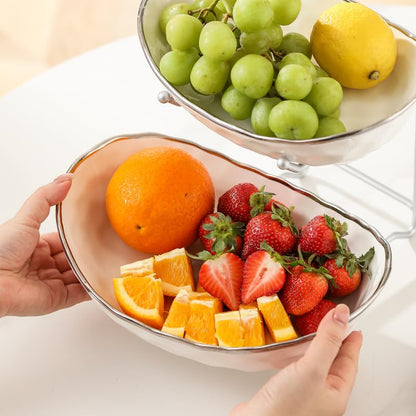 White Fruit Bowl with Gold Metal Stand, 3 Tier Modern Ceramic Fruit Bowl Fruit Rack for Kitchen Counter, Tiered Fruit Basket for Snacks Bread Candy Storage (White,3 Tier)