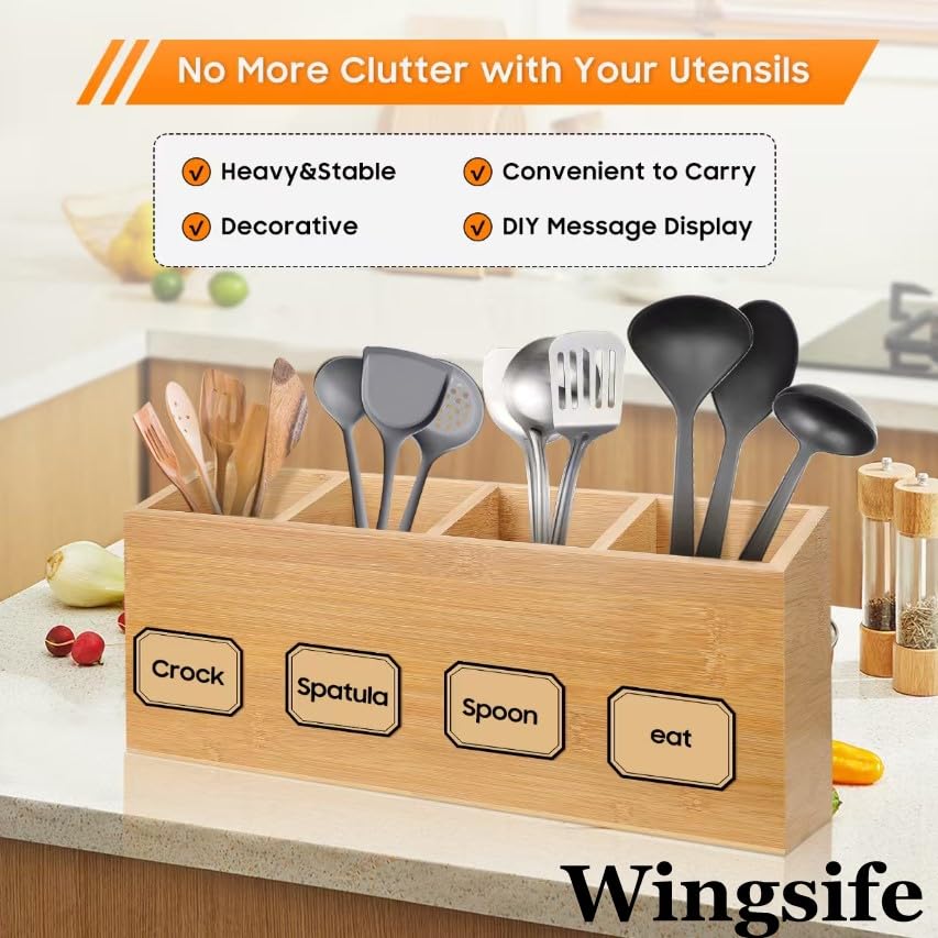 Wingsife Utensils Holder with 4 Compartments, Bamb... (Classic | Bamboo)