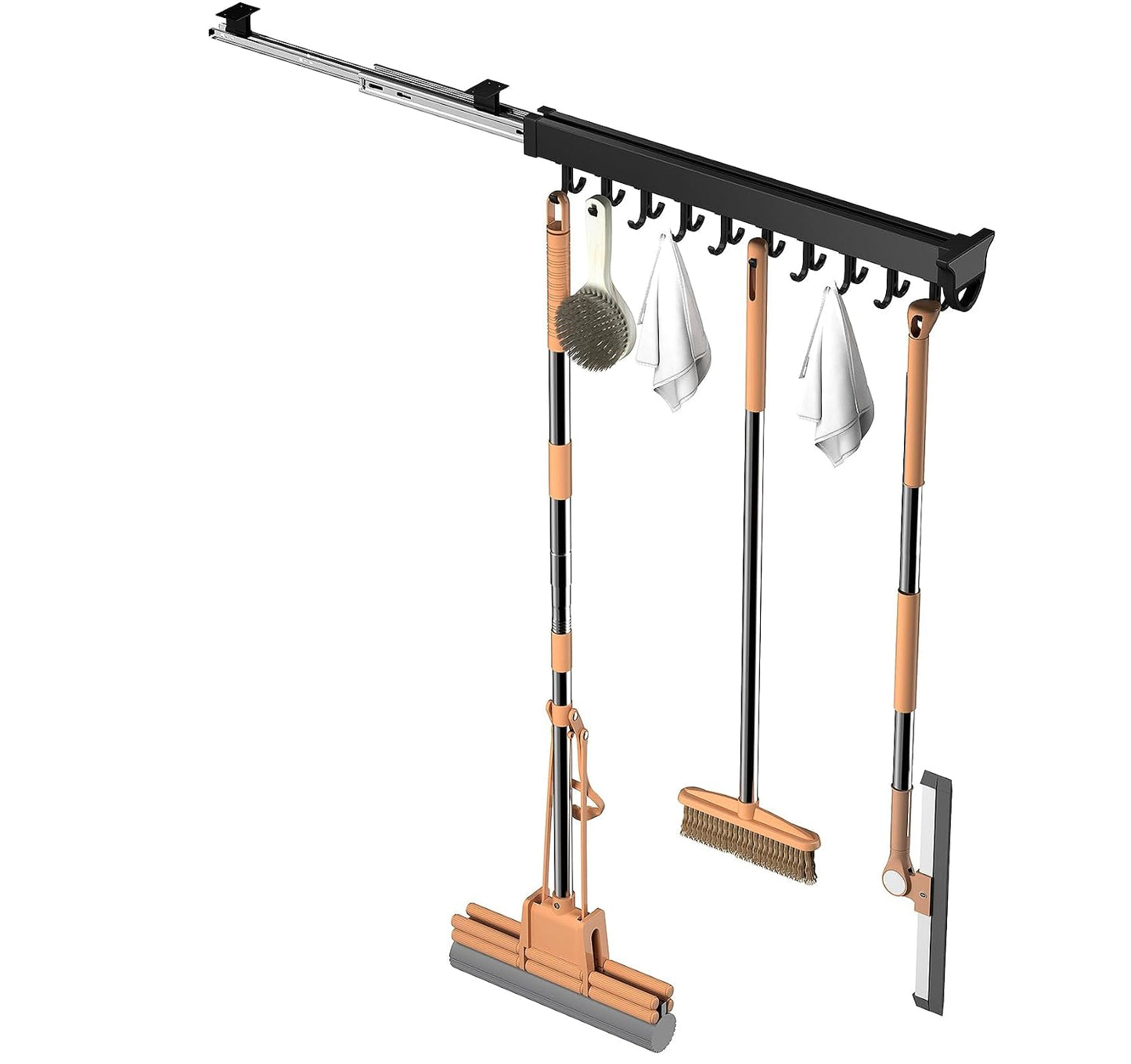 Pull-out Mop and Broom Holder with 20 Sliding Hooks | Slide Broom Closet Organizer, Sliding Garage Storage Rack, For Home Kitchen Wardrobe Closet Laundry Cupboard