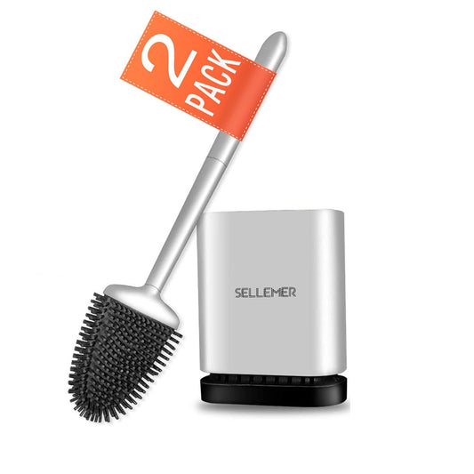 Silicone Toilet Brush, Ventilation Slots Base Holder 2 Pack Silver | Flexible Bristles Flat Head for Rim, Hair Tangle-Free, Easy to Clean, Compact Design, Rustproof Handle, for Toilet/Sink/Tub