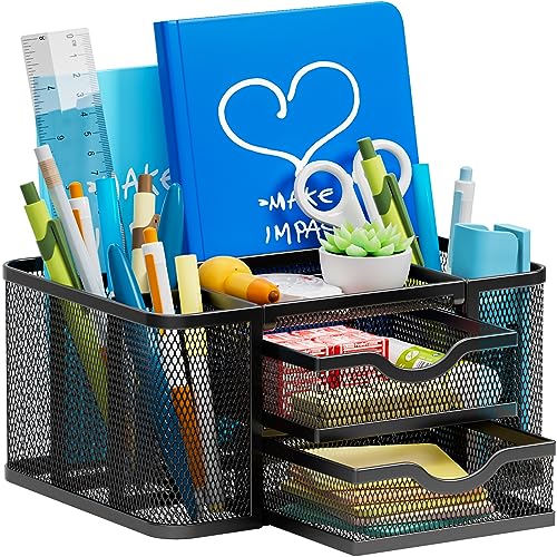 Mesh Desk Organizer, Pen Organizer with 2 Drawer,... (Black | Metal)