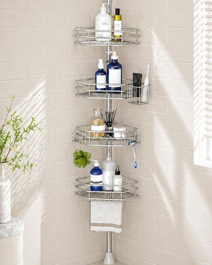Corner Shower Caddy Tension Pole, Quick Setup, Rust-Free Bathroom Shower Organizer Corner for Bathtub Shampoo Storage, 4-Tier Adjustable Shelf, Drill Free, Fits 34 to 116 Inch Height, Silver