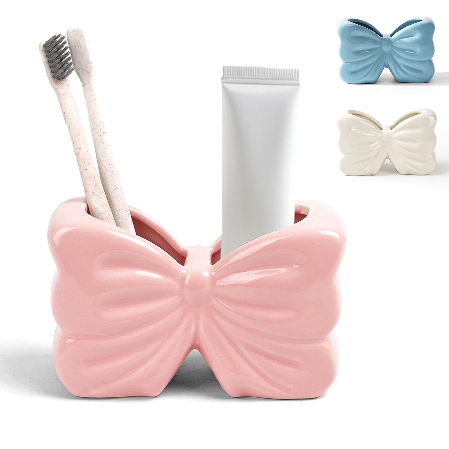 Pink Bow Ceramic Toothbrush Holder,Sweet Girly Gift Bathroom Decor | 2-Slot Bathroom Organizer for Makeup Brushes & Pencils, Cute Small Bow Vase,for Bathroom Vanity ,Gift for Women