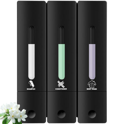 3 Chamber Shampoo and Conditioner Dispenser Set, No Drill Shower Soap | Refillable wall-mounted bottles, BPA-free. 3x400ml. Bathroom, shower, hotel. Dispenses body wash, soap, lotion, gel. Black.
