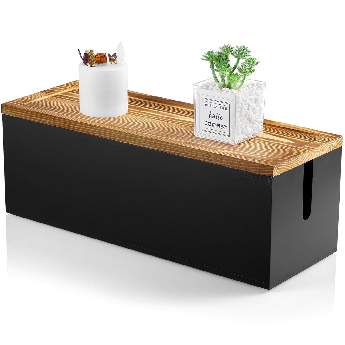 Large Cable Management Box, Wooden Cord Organizer Box for Desk, Floor, Office to Hide Extension Cords Power Stripes Surge Protectors Chargers Wires, Black