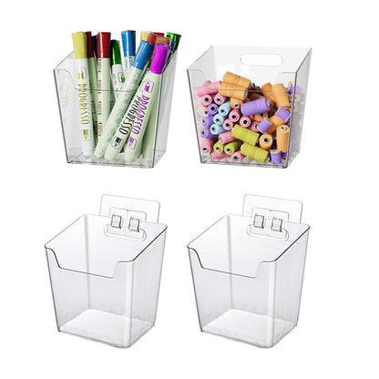 Clear Adhesive Wall Storage Bins, 4 Pack Cabinet Door Organizer Cups(Small) | Clear PET Hanging Wall Mount Pockets, Plastic Caddy for Shower Bathroom Makeup Office Craft Kitchen Sink RV Organization