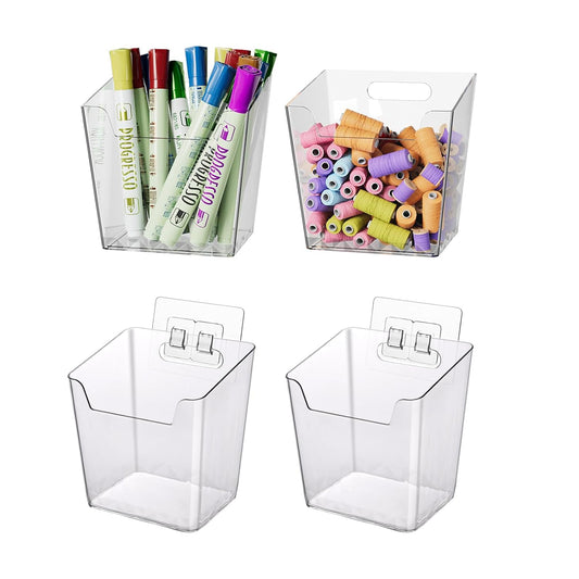 Clear Adhesive Wall Storage Bins, 4 Pack Cabinet Door Organizer Cups(Small) | Clear PET Hanging Wall Mount Pockets, Plastic Caddy for Shower Bathroom Makeup Office Craft Kitchen Sink RV Organization