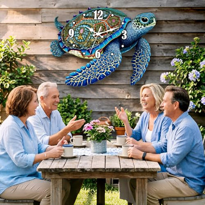 Turtle Outdoor Clock Waterproof for Patio Pool Garden Decor,11.3"x15.2" | Nautical Coastal Decorative,Silent,Inoor/Outside