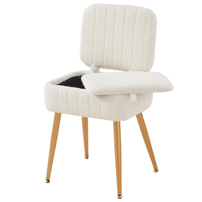 Updated Vanity Chair, Storage Ottoman with Folding Back & Gold-Toned Metal Legs, Ottoman Seat with Teddy Velvet for Dressing Room Living Room Bedroom, 16" x 12.5" Inch