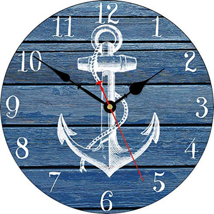 TAHEAT Nautical Anchor Beach Wall Clock, Navy Blue Bathroom Accessories and Decor, Decorative Battery Operated Vintage Clocks for Living Room/Kitchen/Home/Lake House, 12 Inch