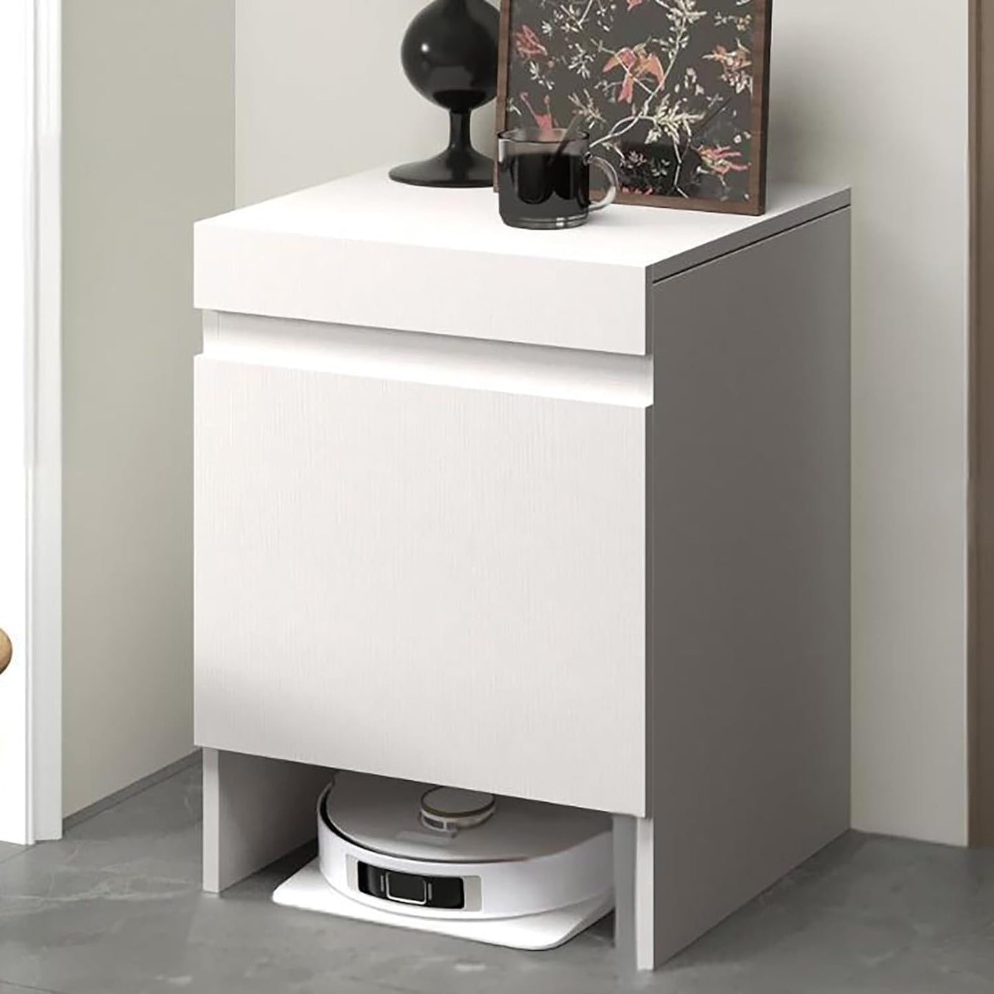 Robot Vacuum Stand Cabinet,Storage Cabinet with Doors for Robot Vacuum Cleaner,End Side Table for Home Office,Wood Freestanding Rack for Living Room Home Office Kitchen(White)