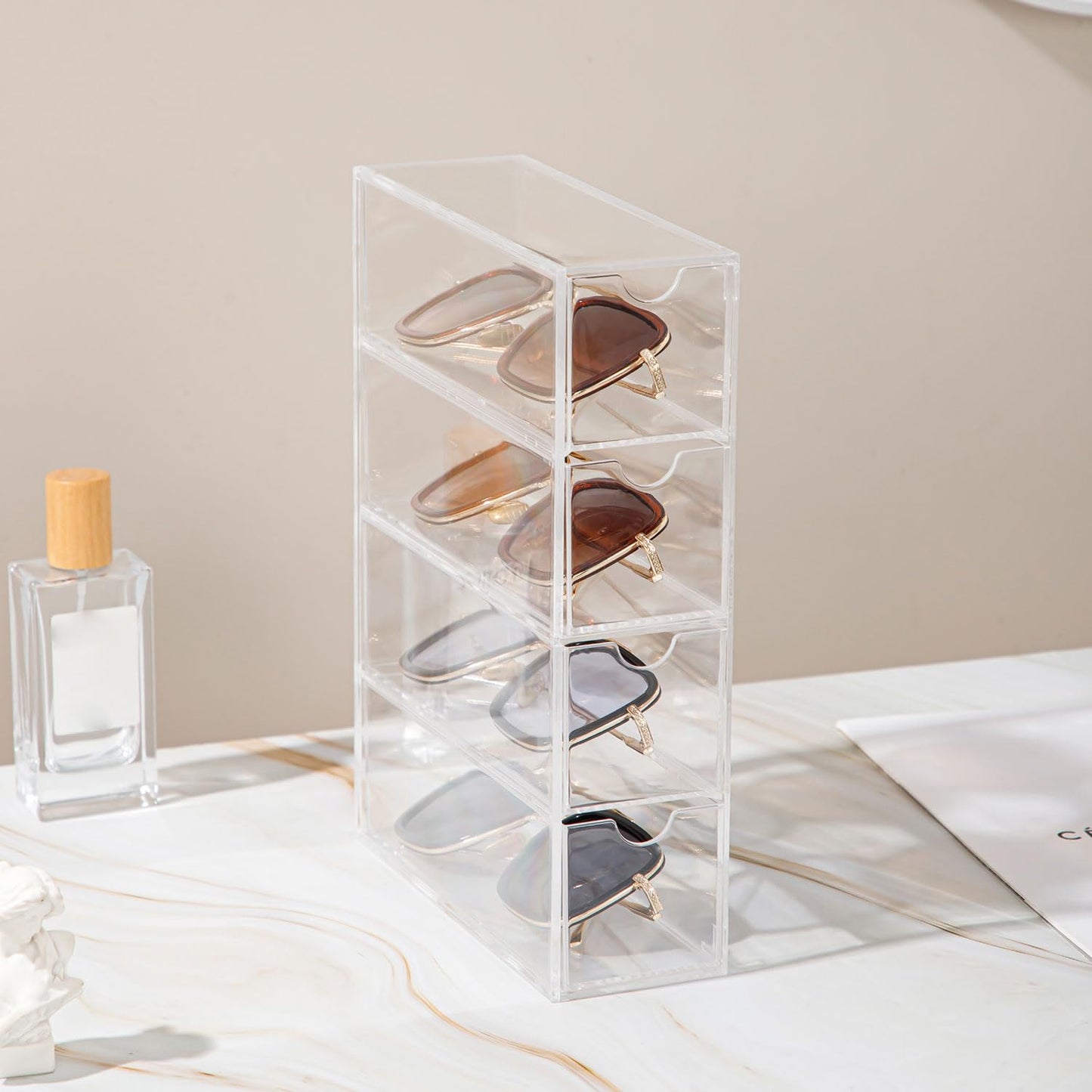 Sunglass Storage Box, Acrylic Eyeglass Organizer, Make-up Storage Drawer Tray, Jewelry Trays, Type Strong Load-bearing Easy Access 4-Layer Transparent Visual Sunglasses Case Home Office Using