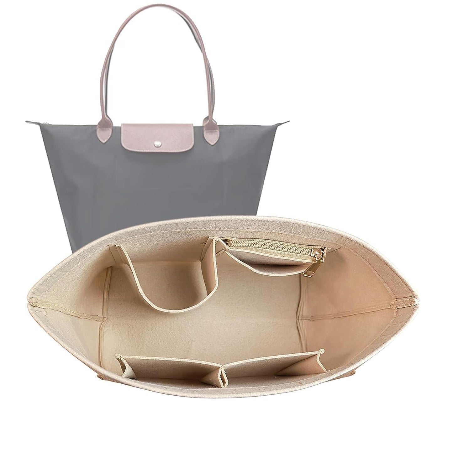 Purse Organizer Insert for Longchamp, Premium Felt Long Champ Le Pliage Handbag Organizer Large beige