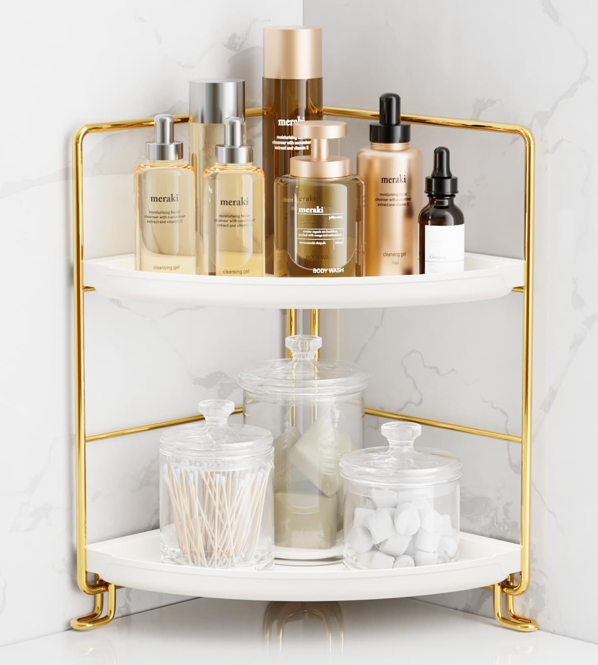 2-Tier Corner Bathroom Counter Organizer, Tool-Less Installation Vanity Shelf Small Plastics Countertop Makeup Tray Skincare Perfume Organizers (Gold)