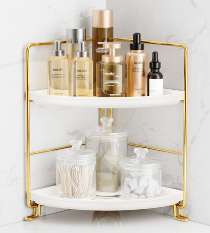 2-Tier Corner Bathroom Counter Organizer, Tool-Less Installation Vanity Shelf Small Plastics Countertop Makeup Tray Skincare Perfume Organizers (Gold)