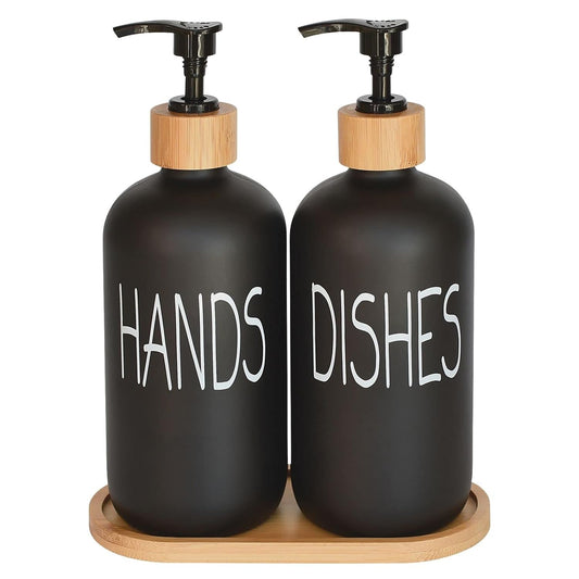 Glass Soap Dispenser Set. Hand and Dish with Bambo... (2 Count | Matte Black)