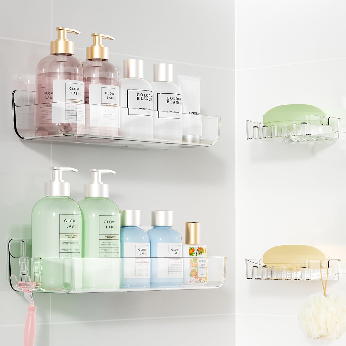 Crystal-Clear Shower Caddy with Soap Dish & Adhesive Pads, 2 Pack | Acrylic Wall Mounted Shower Shelves for Bathroom Organizers and Storage, No Drill for Bathroom Decor