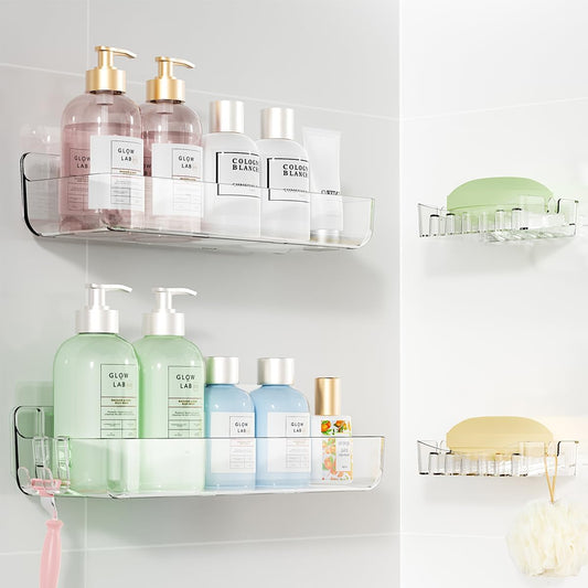 Crystal-Clear Shower Caddy with Soap Dish & Adhesive Pads, 2 Pack | Acrylic Wall Mounted Shower Shelves for Bathroom Organizers and Storage, No Drill for Bathroom Decor