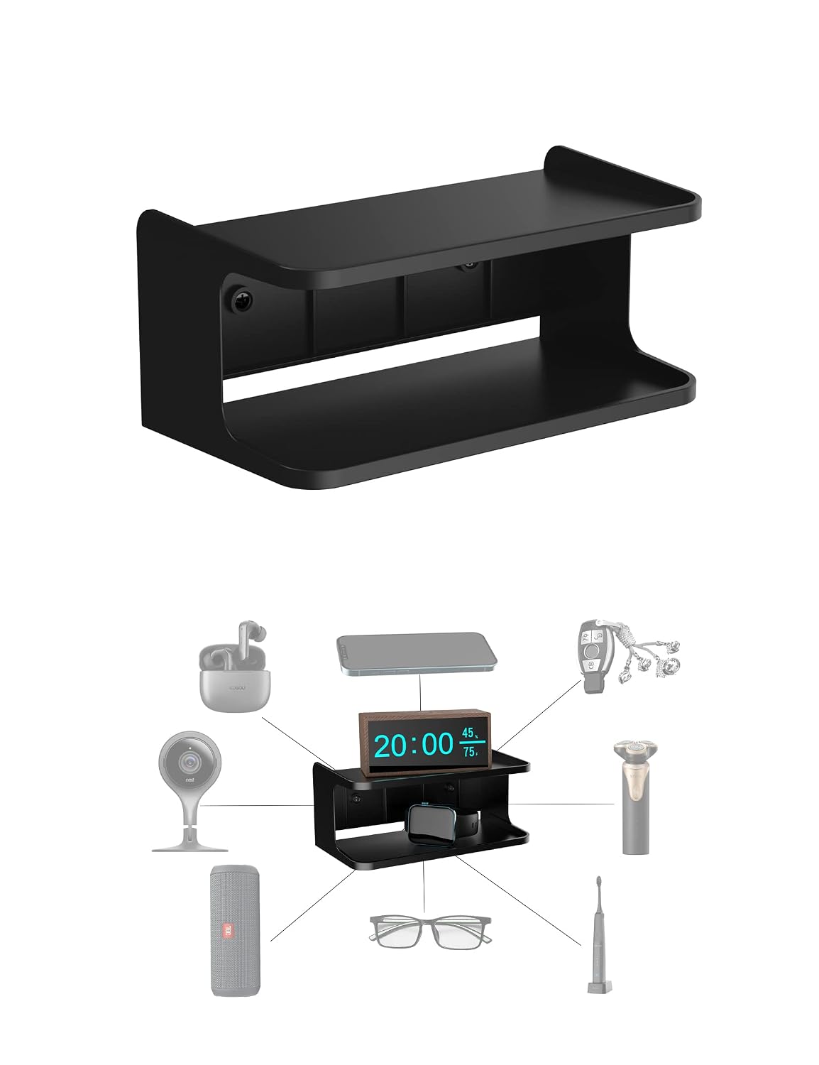 Bedside Wall Shelf Organizer, Small Bedside Shelf, (Black) | Wall Mount for Bed, Stick on Wall Shelf, Double Tray Holder for Storing Cellphone, Glasses, Keys, Camera , Alarm Clock
