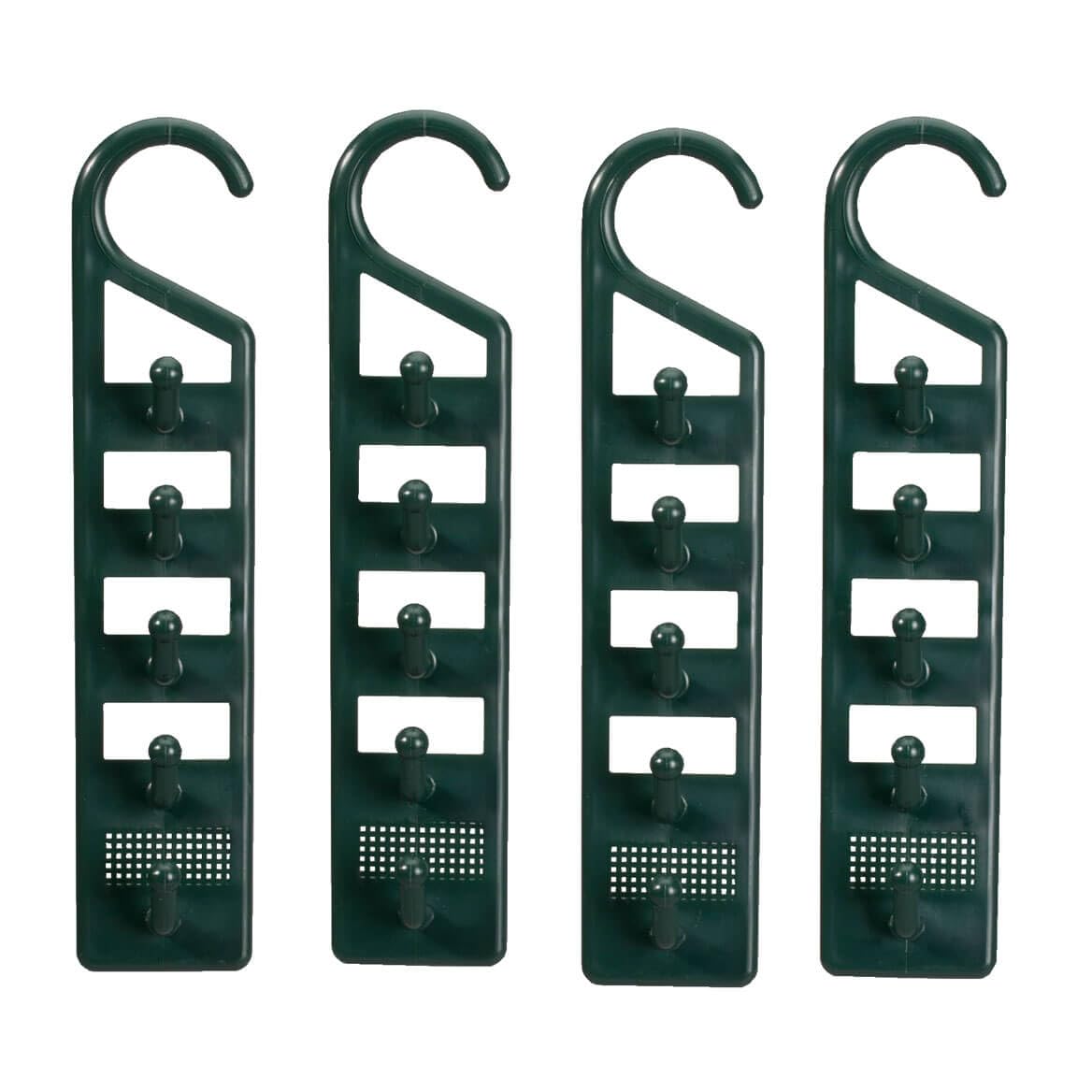 Space Saving Closet Hanger Holders - Set of 4 Durable Green Plastic | Organizers with 5 Vertical Hooks Each - Maximize Wardrobe Space for Clothes, Belts, Scarves & Accessories by Miles Kimball