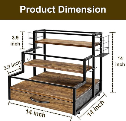4 Tier Countertop Coffee Syrup Rack Organizer with 36 K Cup Storage | Wooden Sturdy and Space-Saving Coffee Bar Organizer with Drawer Condiment Storage Shelves for Kitchen Home Office Restaurant