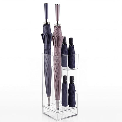 Leinuosen 9 x 9 x 22 Inch Clear Acrylic Umbrella Stand Organizer, Thick Freestanding Entryway Umbrella Holder with Long and Short Compartments, Modern Storage Rack for Home, Office and Lobby