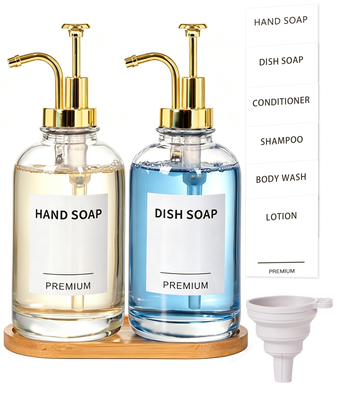 Dish Soap Dispenser for Kitchen, Hand Glass Soap Dispenser Set with Pump, Tray, Funnel for Bathroom, Shower, Laundry, Liquid, Lotion (Gold 2 Pack 18 Oz Clear Bottles with 12 Stickers)