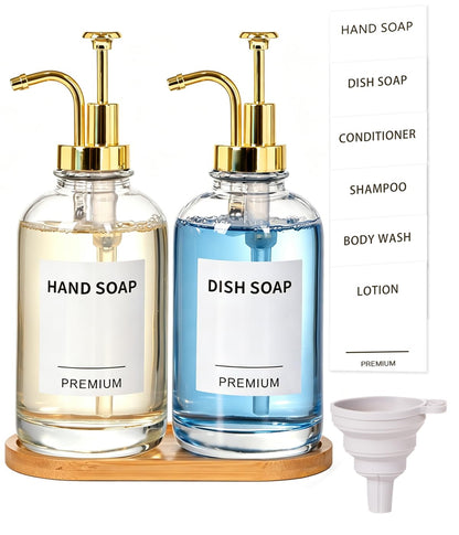 Dish Soap Dispenser for Kitchen, Hand Glass Soap Dispenser Set with Pump, Tray, Funnel for Bathroom, Shower, Laundry, Liquid, Lotion (Gold 2 Pack 18 Oz Clear Bottles with 12 Stickers)
