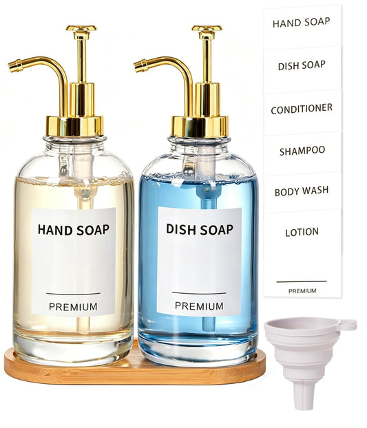 Dish Soap Dispenser for Kitchen, Hand Glass Soap Dispenser Set with Pump, Tray, Funnel for Bathroom, Shower, Laundry, Liquid, Lotion (Gold 2 Pack 18 Oz Clear Bottles with 12 Stickers)