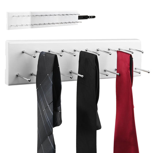 Pull Out Tie Rack for Closet, Wood Sliding Belt Rack with 21 Tie Hanger | Side Mounted Slide Out Tie Rack Belt Hanger Rail Organizer Storage Scarf Holder for Ties Scarves Belts Shawls, White