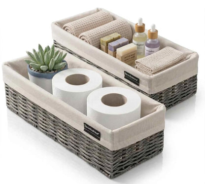 Brookstone Over the Toilet Tank Wicker Storage Basket, Bathroom and Closet Organizers and Storage Bins with Fabric Liner, Grey, 2 Pack Set