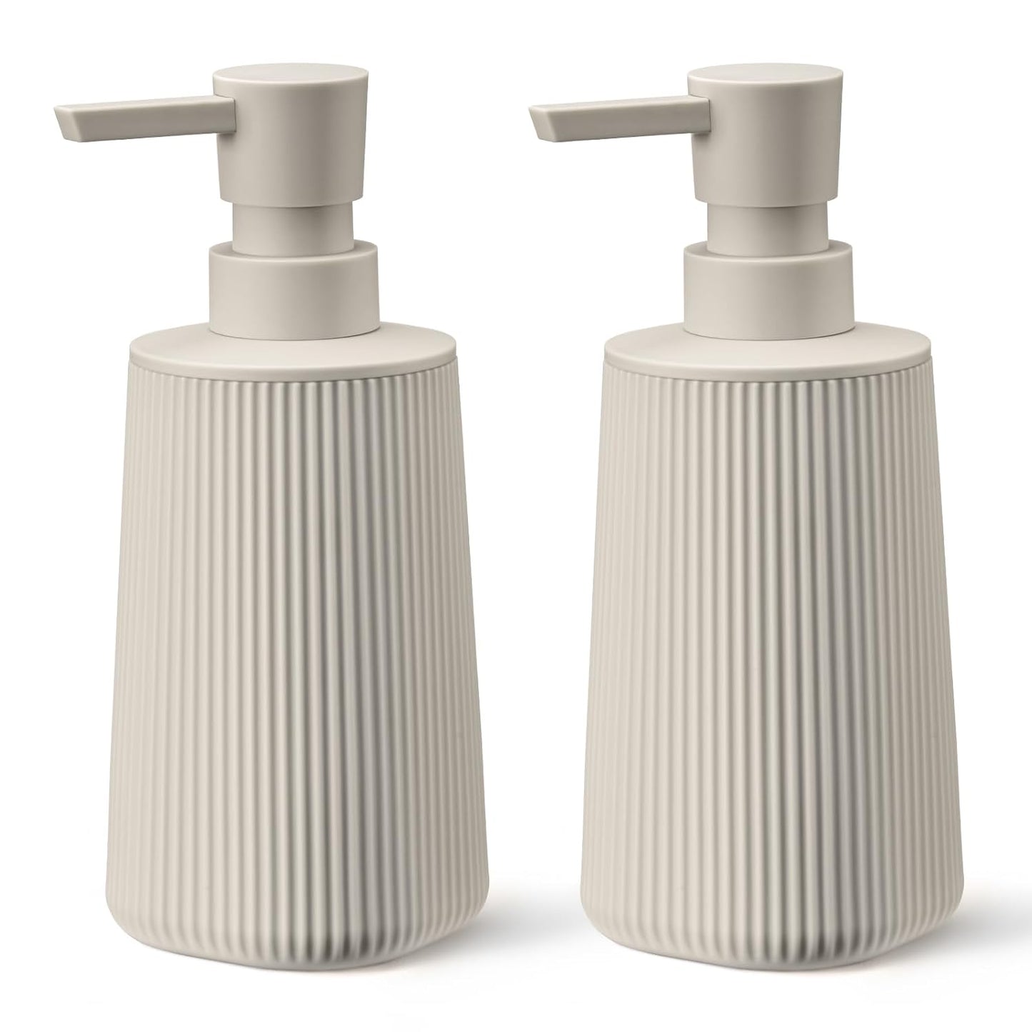 Beige 2 Pack Hand Soap Dispensers Set | with No Rust Pump for Bathroom and Kitchen Countertops Refillable Matte Striped Plastic 8.5 oz