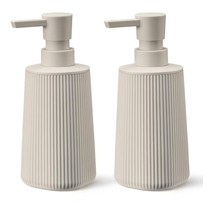 Beige 2 Pack Hand Soap Dispensers Set | with No Rust Pump for Bathroom and Kitchen Countertops Refillable Matte Striped Plastic 8.5 oz