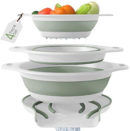 Collapsible Colanders (3 Pack Set) Food Strainers with Over-Sink Water Draining Base for Pasta Fruits and Vegetables, White/Sage (3 Sizes, 3QT, 4QT and 5 Quart)