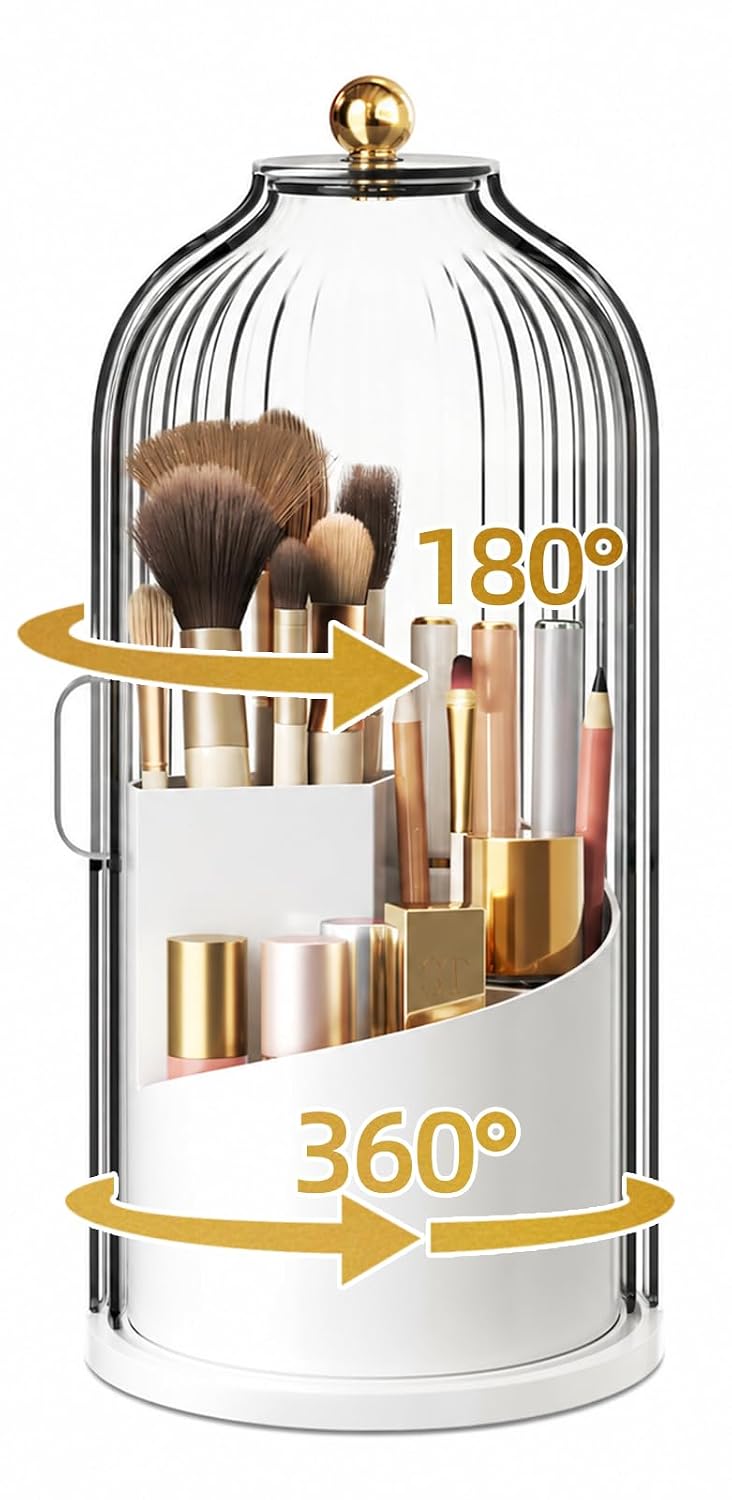 Covered Makeup Brush Holder with Sliding Lid, 360° Rotating Makeup Organizer Countertop for Vanity, Bathroom, Make up/Nail Brushes Storage, Dustproof Toothbrush Holders with Cover for Bathrooms, White