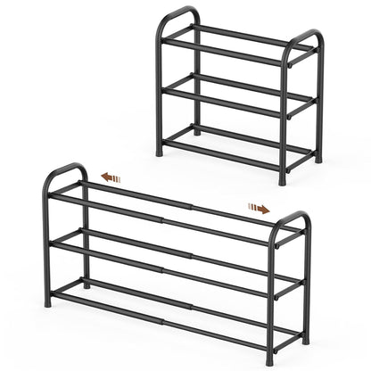 Gonfoam Expandable 3-Tier Shoe Rack for Closet and Entryway, Black | Tool-Free Assembly, Metal Material, Adjustable Shoe Organizer, Sturdy, Small Space Solution, Dorms, Garages, Apartments.