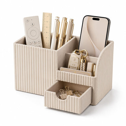 Luxury PU Leather Desk Organizer with Drawer, Modern Aesthetic Office Desk Accessories for Men & Women, Multi-Compartment Pen Holder & Desktop Storage Organizer for Home Office