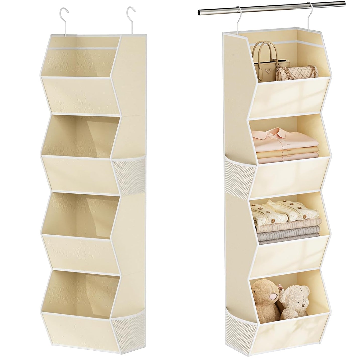 Hanging Closet Organizer 4 Shelf Collapsible Fabric Closet Organizers and Storage Hanging with Mesh Pocket for Clothes, Hanging Wardrobe Organizers and Storage for Sweater T-Shirt Shoes Toys, Beige
