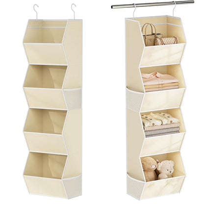 Hanging Closet Organizer 4 Shelf Collapsible Fabric Closet Organizers and Storage Hanging with Mesh Pocket for Clothes, Hanging Wardrobe Organizers and Storage for Sweater T-Shirt Shoes Toys, Beige