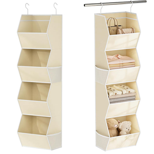 Hanging Closet Organizer 4 Shelf Collapsible Fabric Closet Organizers and Storage Hanging with Mesh Pocket for Clothes, Hanging Wardrobe Organizers and Storage for Sweater T-Shirt Shoes Toys, Beige