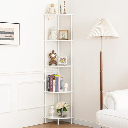 Yoobure Corner Shelf Stand, 5-Tier Bookshelf, 65" Tall Shelves for Bedroom, Living Room, Narrow Display Shelf Bookcase, White Book Shelf with Display Shelves for Office