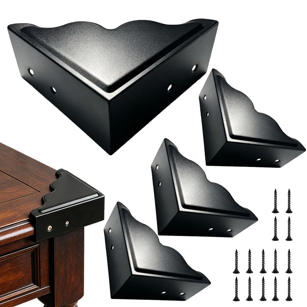 Large Metal Corner Guards 3.7 x 3.7 x 1.5 Inch Set of 4, Decorative Black Corner Protector for Vintage Industrial Wooden Furniture Tables, Barn Doors, Wood Frames, Boxes, Angle Edge Protection