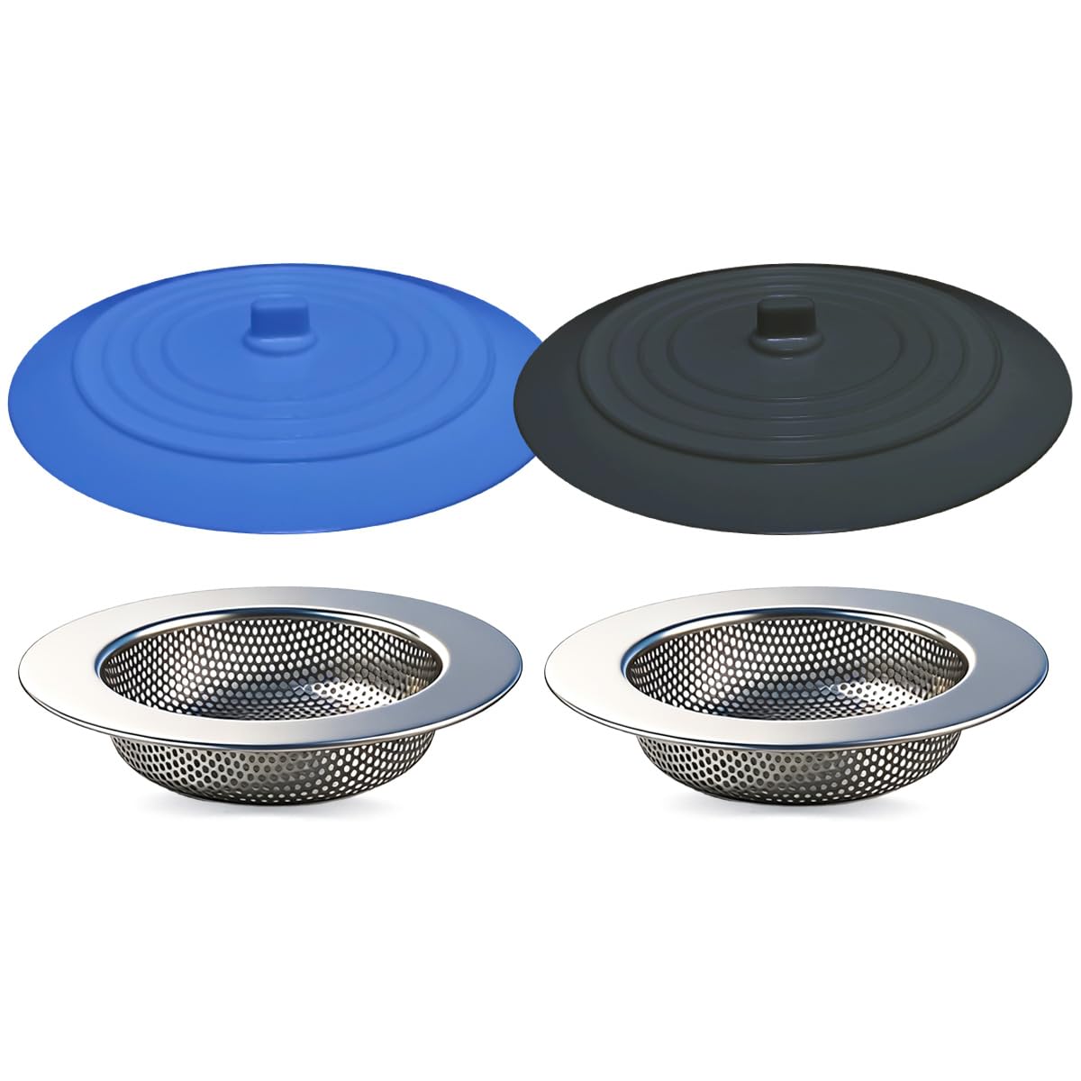 Seatery 4PCS Kitchen Sink Strainer Stopper Kit, Universal Silicone Sink Drain Plug Cover, Drain Water Stopper, 4.5 Inch Stainless Steel Sink Drain Strainer, Food Debris Catcher for Kitchen