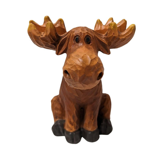 Wood-Cut Look Hand-Carved Moose Eyeglasses Holder Stand Rustic Decor | Whimsical spectacles eyewear glasses keeper display tray, cabin lodge country theme room desk table decoration, animal statue