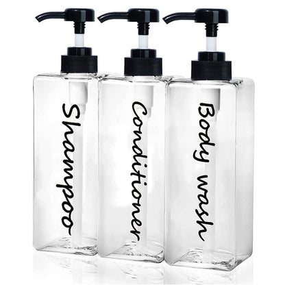 Shampoo Dispenser - Refillable Shampoo and Conditioner Bottles (Clear, Set of 3, 21oz) - Modern Shampoo Bottles for Shower Soap - Empty Shampoo Conditioner Body Wash Dispenser (Black) (Black)