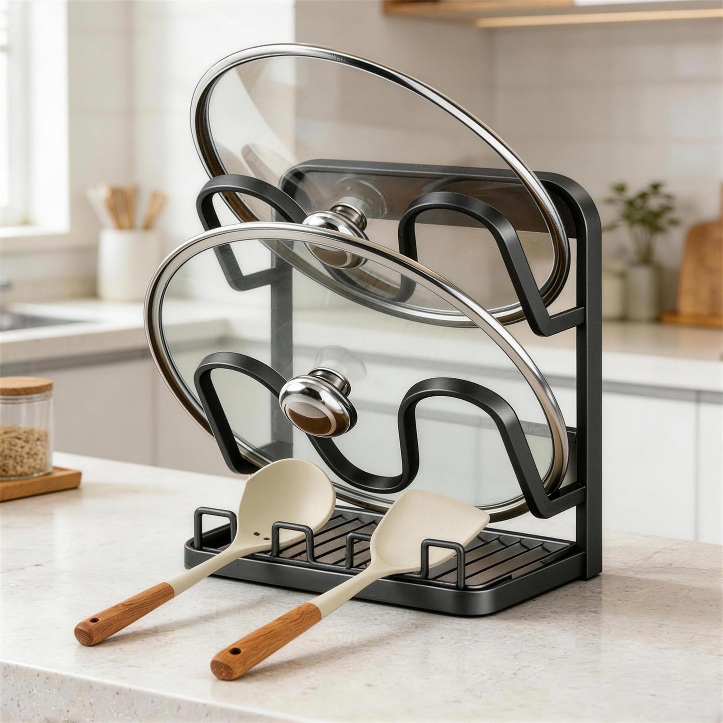 Kitchen Pot Lid Storage Rack: Carbon Steel Double-... (Grey | Metal)