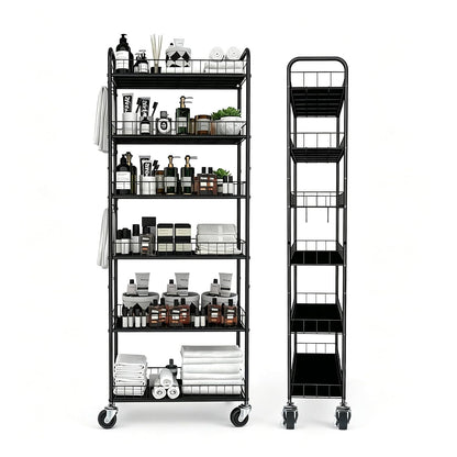 Slim Rolling Storage Cart with Wheels,10in 6 Tier Black | Narrow Space Rolling Shelving Unit , Metal Wire Mobile Organizer Rack for Kitchen Bathroom Office Laundry