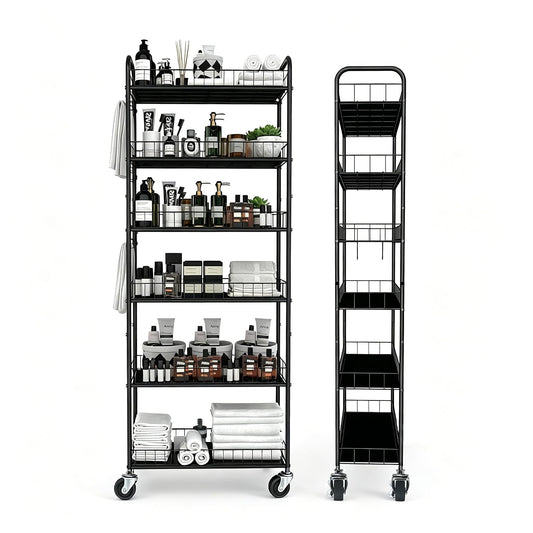 Slim Rolling Storage Cart with Wheels,10in 6 Tier Black | Narrow Space Rolling Shelving Unit , Metal Wire Mobile Organizer Rack for Kitchen Bathroom Office Laundry