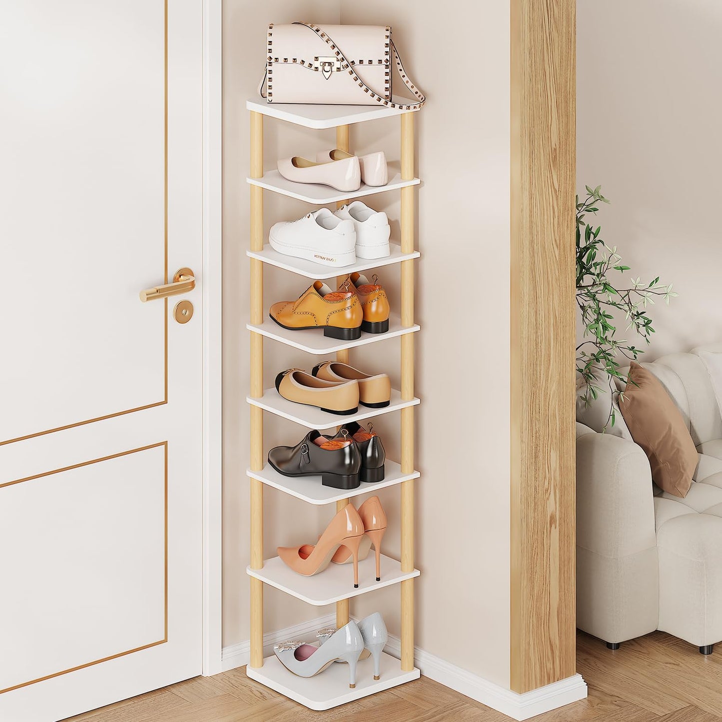 8 Tiers Vertical Shoe Rack, Tall Narrow Shoe Tower, Corner Shoe Rack, White | Small Shoe Organizer for Entryway, Closet, Dorm & Small Spaces, Freestanding Wooden Shoe Shelf for Boots, Sneakers, Heels.